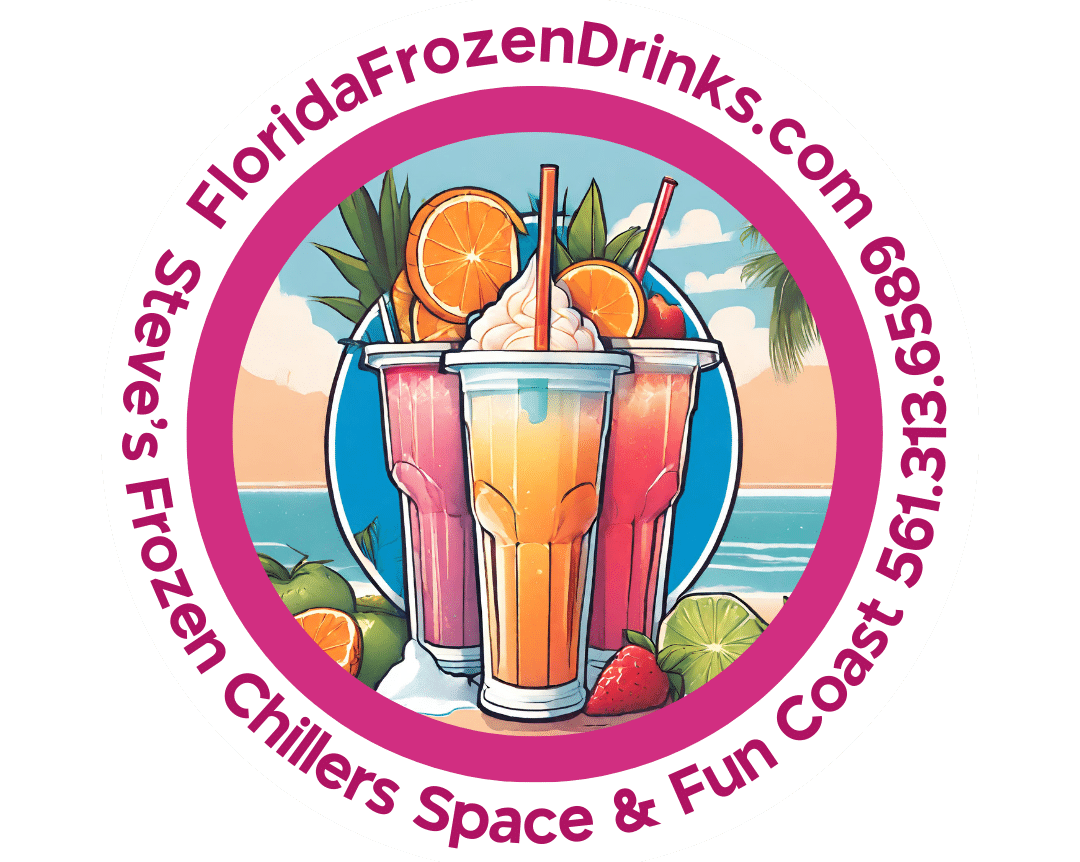 Florida Frozen Drinks Logo with three frozen drinks, palm tree and fruit in background